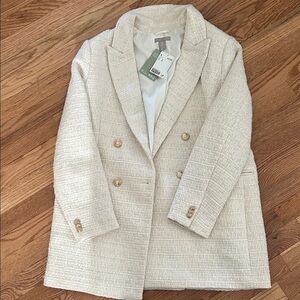 Womens Cream Double-Breasted Tweed Blazer Coat